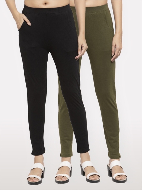 

NEUDIS Women Set of 2 Black and Olive Ankle Length Treggings