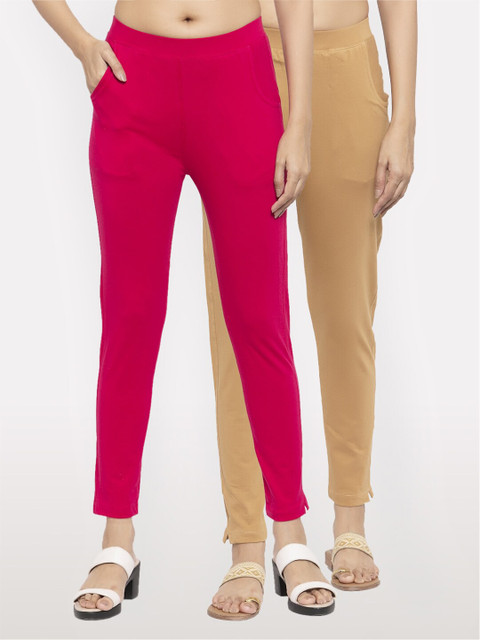 

NEUDIS Women Set of 2 Magenta and Beige Cotton Lycra Ankle Length Jeggings