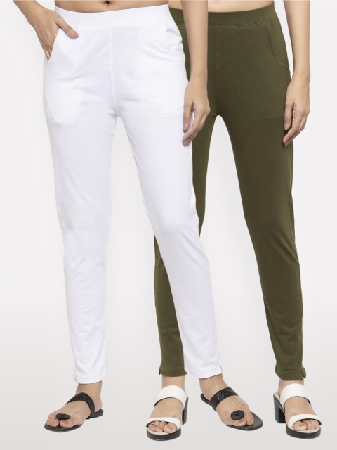 

NEUDIS Women Pack of 2 White and Olive Ankle Length Jeggings