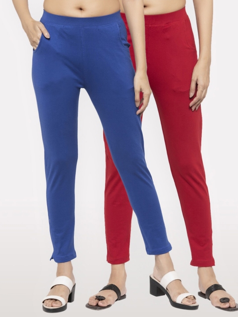 

NEUDIS Women Set of 2 Royal Blue & Maroon Cotton Lycra Ankle Length Jeggings
