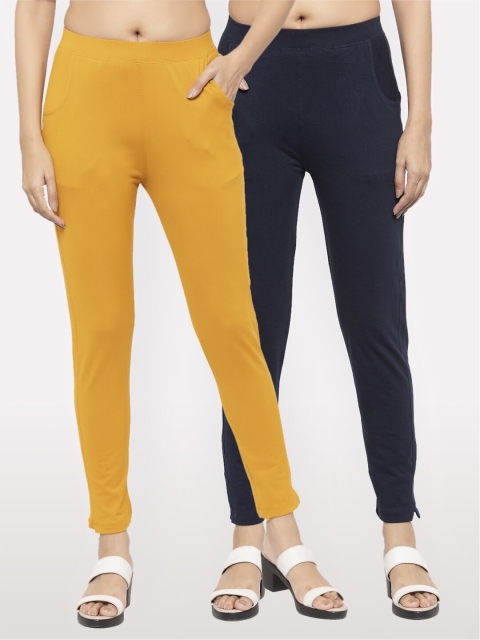 

NEUDIS Women Set of 2 Mustard and Navy Blue Cotton Lycra Ankle Length Jeggings