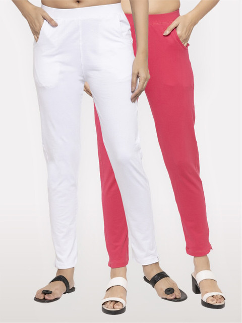 

NEUDIS Women Set of 2 Pink & White Ankle Length Treggings
