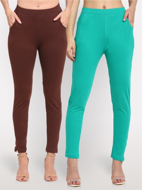 

NEUDIS Women Pack of 2 Brown & Teal Green Ankle Length Jeggings