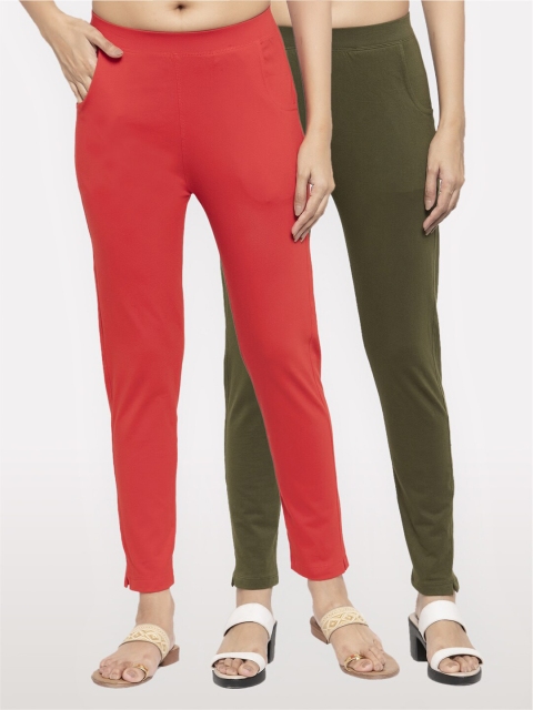 

NEUDIS Women Set of 2 Red and Olive Solid Ankle Length Jeggings