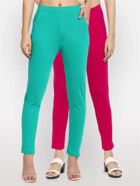 

NEUDIS Women Pack of 2 Green & Pink Ankle Length Jeggings