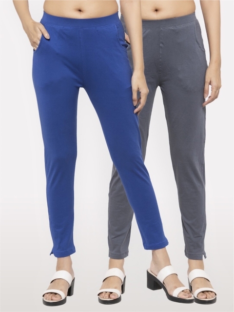 

NEUDIS Women Set of 2 Royal Blue and Grey Cotton Lycra Ankle Length Jeggings