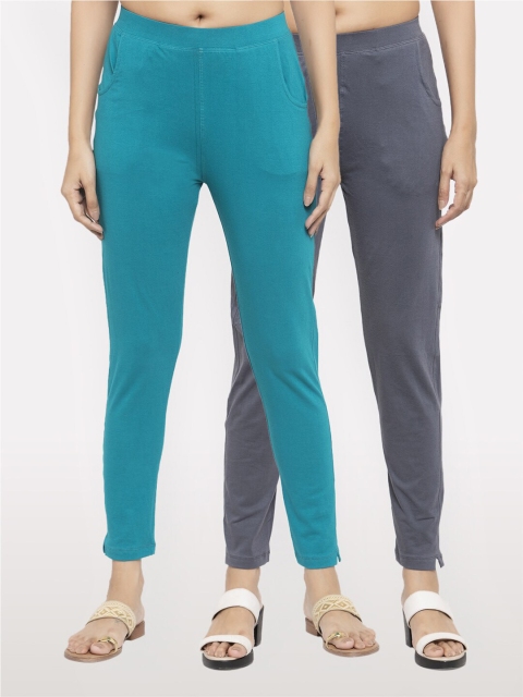 

NEUDIS Women Set of 2 Teal and Grey Cotton Lycra Ankle Length Jeggings