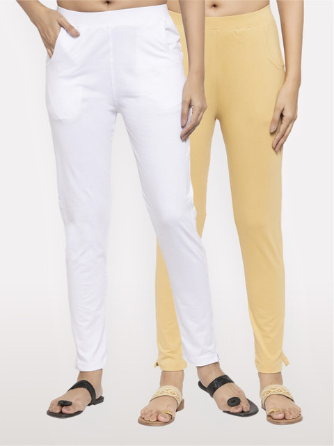 

NEUDIS Women Set of 2 White and Beige Cotton Lycra Ankle Length Jeggings