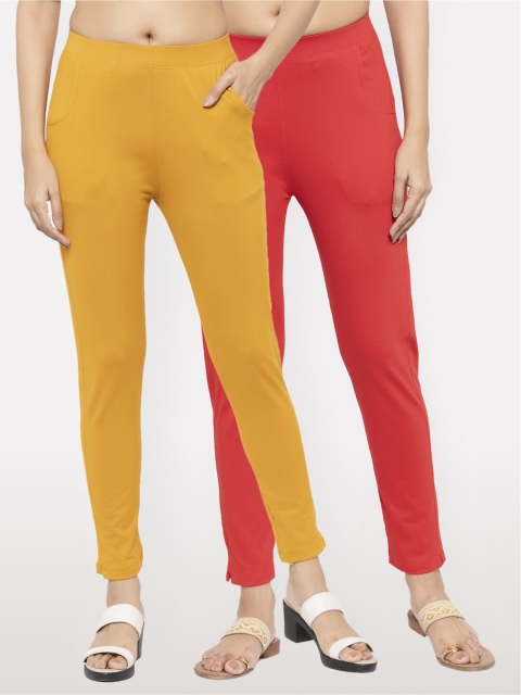 

NEUDIS Women Pack of 2 Mustard Yellow and Red Ankle Length Jeggings