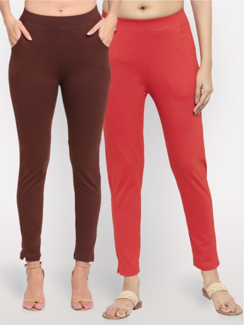 

NEUDIS Women Brown & Red Pack of 2 Ankle Length Jeggings