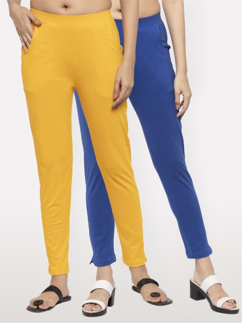 

NEUDIS Women Set of 2 Yellow and Royal Blue Cotton Lycra Ankle Length Jeggings