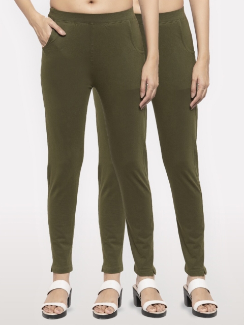 

NEUDIS Women Set of 2 Olive Green Cotton Lycra Ankle Length Jeggings