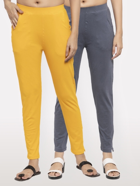 

NEUDIS Women Set of 2 Yellow and Grey Cotton Lycra Ankle Length Skinny Fit Jeggings