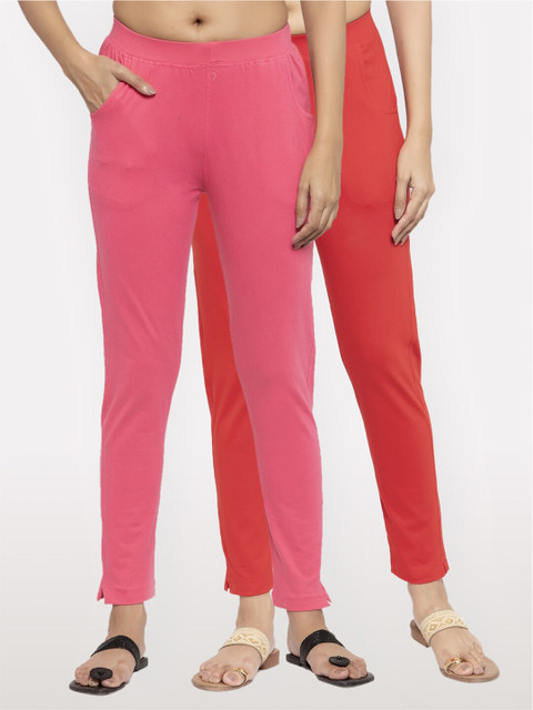 

NEUDIS Women Set of 2 Pink and Red Cotton Lycra Ankle Length Jeggings