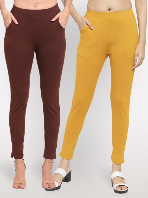 

NEUDIS Women Pack of 2 Brown & Mustard Ankle Length Jeggings