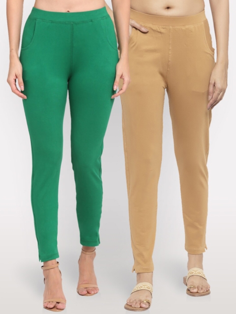 

NEUDIS Women Set of 2 Green & Beige Cotton Lycra Ankle Length Jeggings