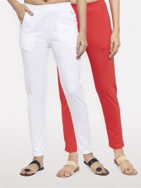 

NEUDIS Women Pack of 2 White and Red Ankle Length Jeggings