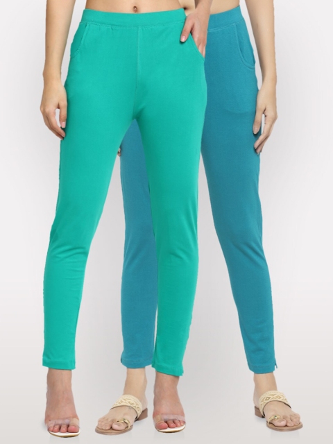

NEUDIS Women Pack of 2 Teal Green & Blue Ankle Length Jeggings