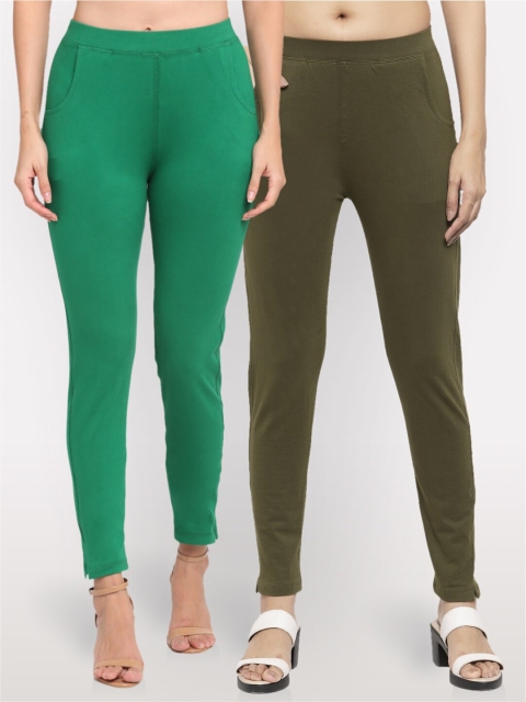 

NEUDIS Women Pack Of 2 Green Cotton Lycra Ankle Length Jeggings