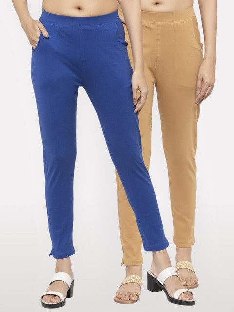 

NEUDIS Women Set of 2 Royal Blue and Beige Cotton Lycra Ankle Length Jeggings
