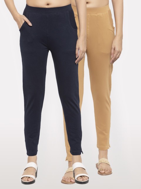 

NEUDIS Women Set of 2 Navy Blue and Beige Solid Ankle Length Jeggings