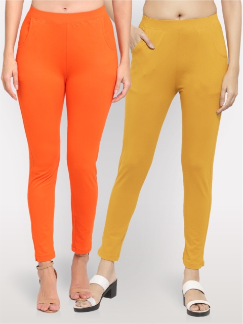 

NEUDIS Women Set of 2 Cotton Lycra Ankle Length Leggings, Orange