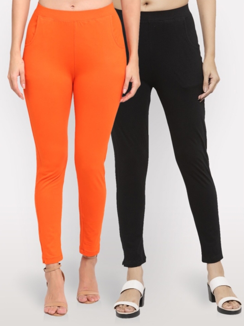 

NEUDIS Women Set of 2 Orange & Black Cotton Lycra Ankle Length Skinny Fit Jeggings