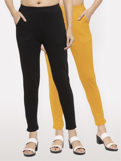 

NEUDIS Women Pack Of 2 Black & Mustard Yellow Slim Fit Jeggings