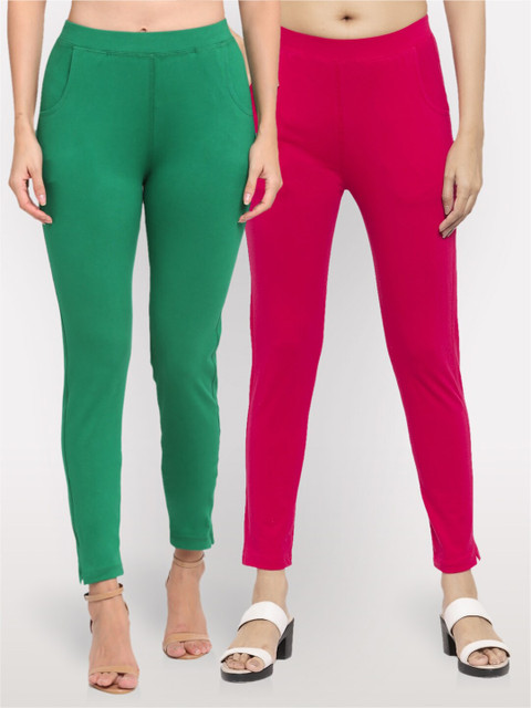 

NEUDIS Women Pack of 2 Green & Pink Ankle Length Jeggings
