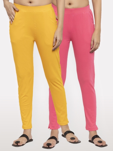 

NEUDIS Women Pack of 2 Yellow and Pink Ankle Length Jeggings