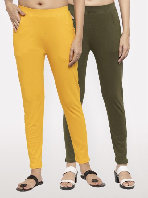 

NEUDIS Women Set of 2 Yellow & Olive Green Cotton Lycra Ankle Length Jeggings