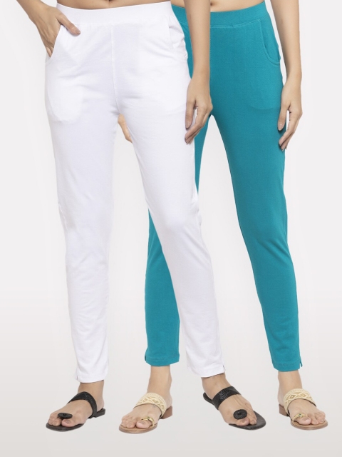

NEUDIS Women Set of 2 White and Teal Cotton Lycra Ankle Length Jeggings