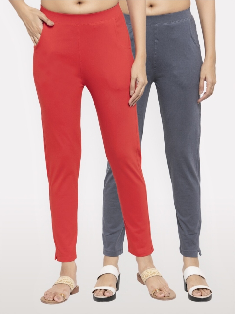 

NEUDIS Women Set of 2 Red & Grey Ankle Length Treggings