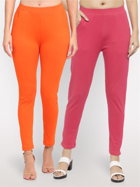 

NEUDIS Women Set of 2 Orange & Pink Cotton Lycra Ankle Length Jeggings