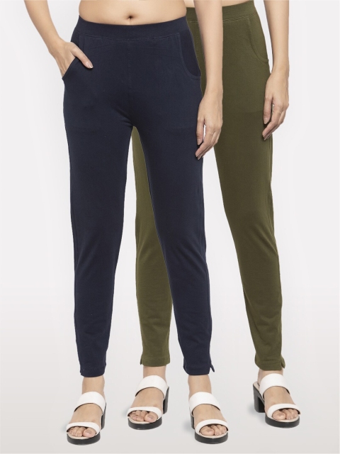 

NEUDIS Women Pack of 2 Navy Blue and Olive Green Ankle Length Jeggings