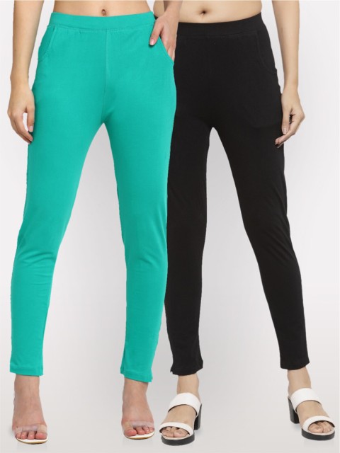 

NEUDIS Women Pack Of 2 Teal & Black Cotton Ankle Length Jeggings
