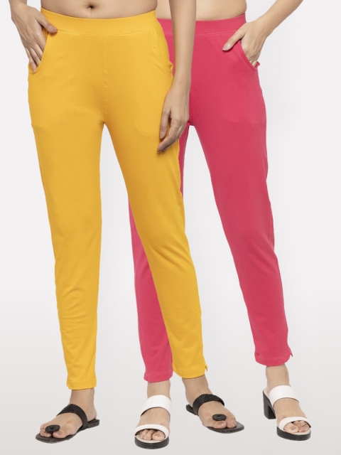 

NEUDIS Women Set of 2 Yellow and Pink Cotton Lycra Ankle Length Jeggings