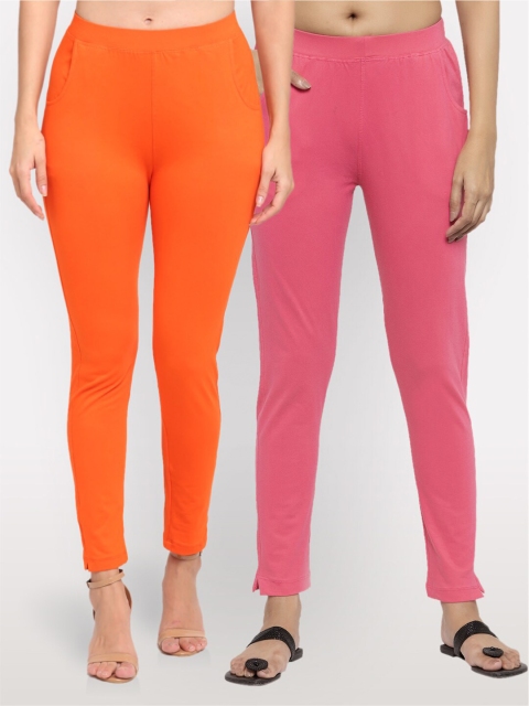 

NEUDIS Women Pack of 2 Orange & Pink Ankle Length Jeggings