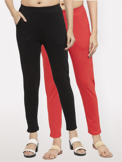 

NEUDIS Women Pack of 2 Black and Red Cotton Lycra Ankle Length Jeggings