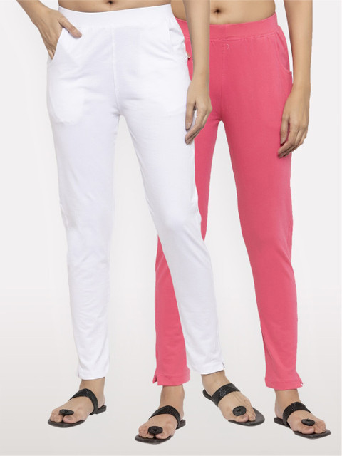 

NEUDIS Women Pack Of 2 White & Pink Cotton Ankle Length Jeggings