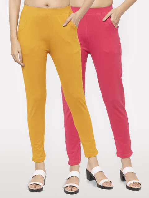 

NEUDIS Women Set of 2 Mustard and Pink Cotton Lycra Ankle Length Jeggings