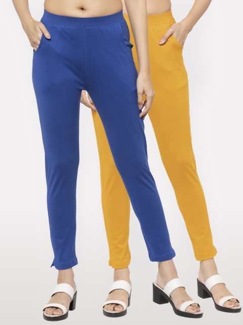 

NEUDIS Women Set of 2 Blue and Yellow Cotton Lycra Ankle-Length Skinny Fit Jeggings