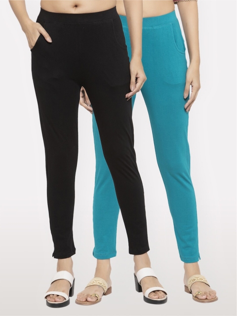 

NEUDIS Women Pack of 2 Black and Teal Ankle Length Jeggings