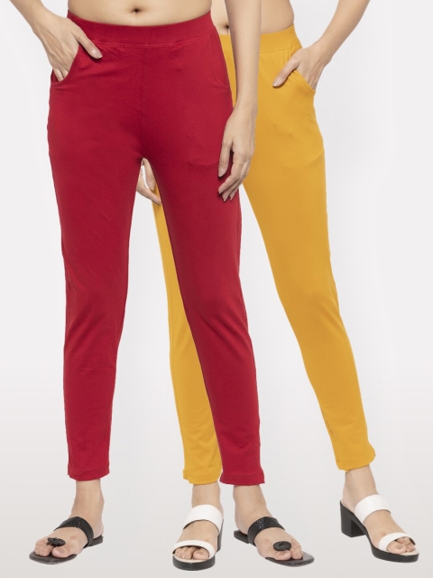 

NEUDIS Women Set of 2 Maroon & Mustard Yellow Cotton Lycra Ankle Length Jeggings