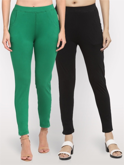

NEUDIS Women Set of 2 Teal Green & Black Cotton Lycra Ankle Length Jeggings