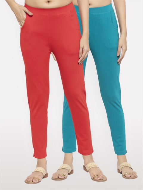 

NEUDIS Women Set of 2 Red & Teal Blue Ankle Length Treggings
