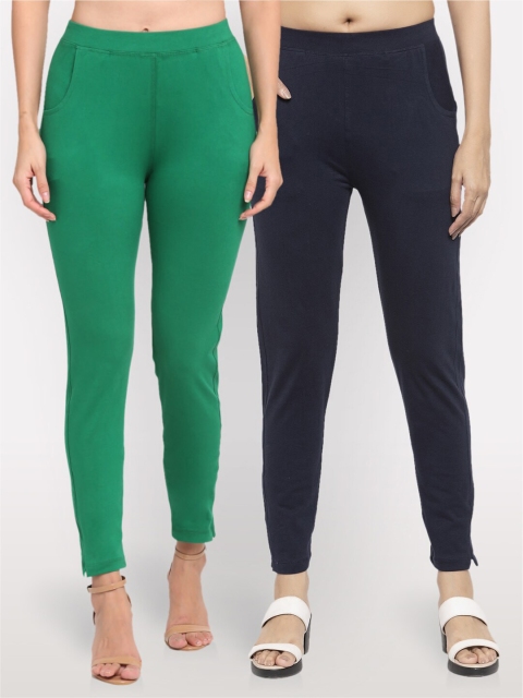 

NEUDIS Women Pack of 2 Teal & Navy Blue Ankle Length Jeggings, Green