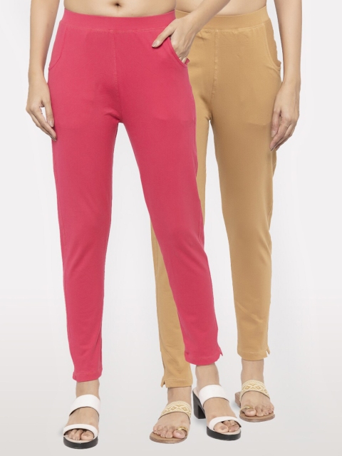 

NEUDIS Women Set of 2 Pink and Beige Cotton Lycra Ankle Length Jeggings