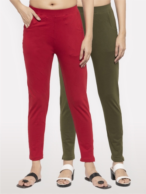 

NEUDIS Women Pack of 2 Maroon & Olive Green Ankle Length Jeggings