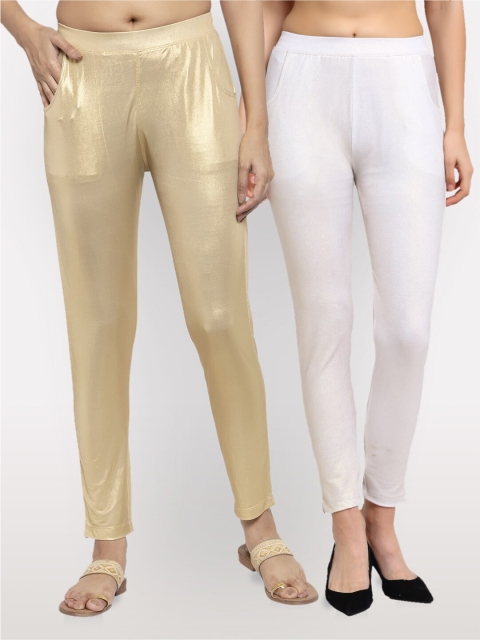 

NEUDIS Women Set of 2 Gold-Coloured & White Shimmer Cotton Lycra Ankle Length Jeggings